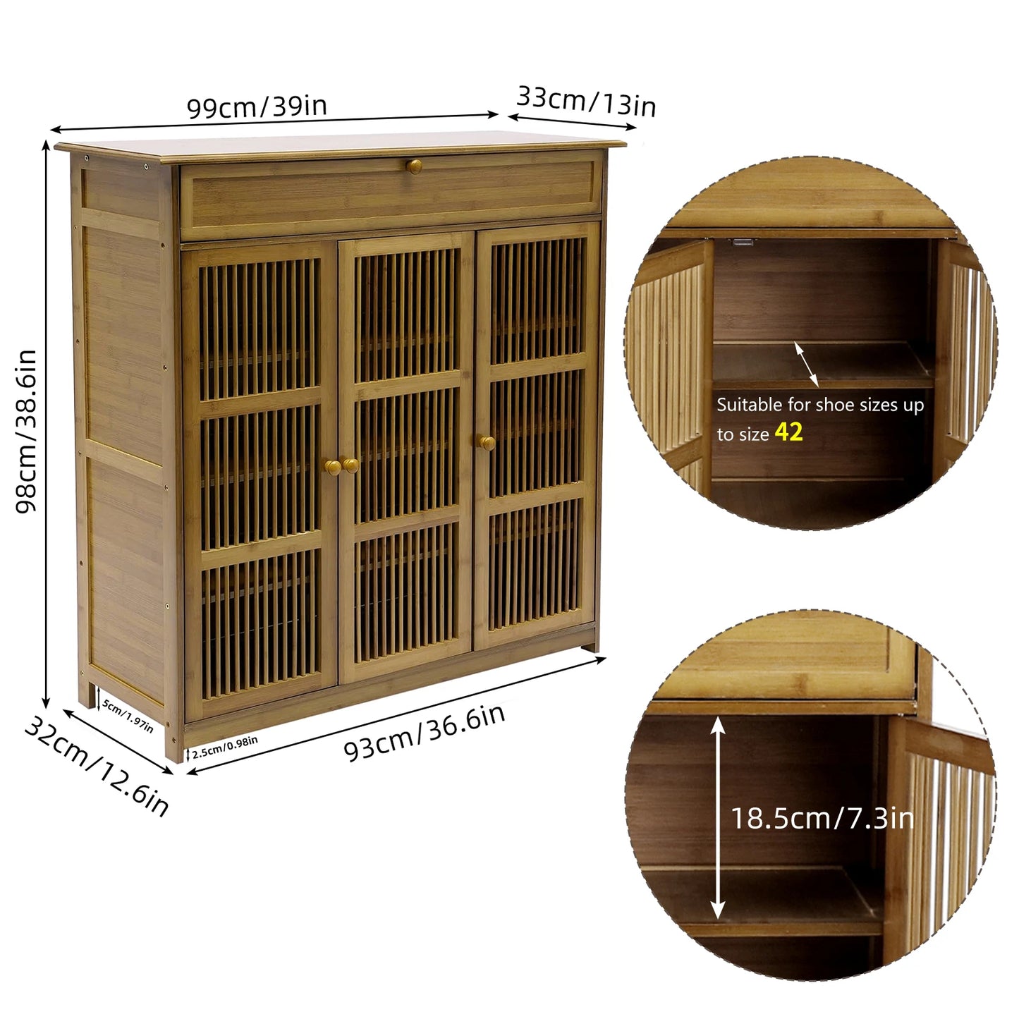 4 Tier Bamboo Shoe Storage Rack with 3 Hollow Doors