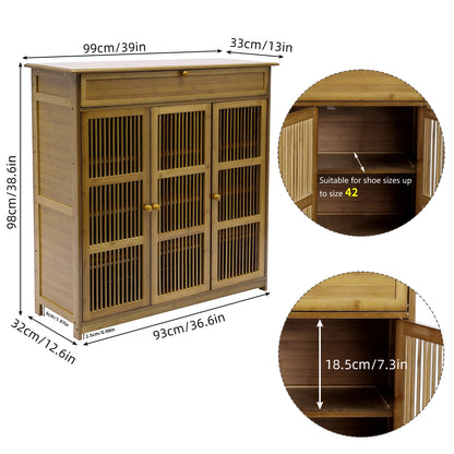 4 Tier Bamboo Shoe Storage Rack with 3 Hollow Doors