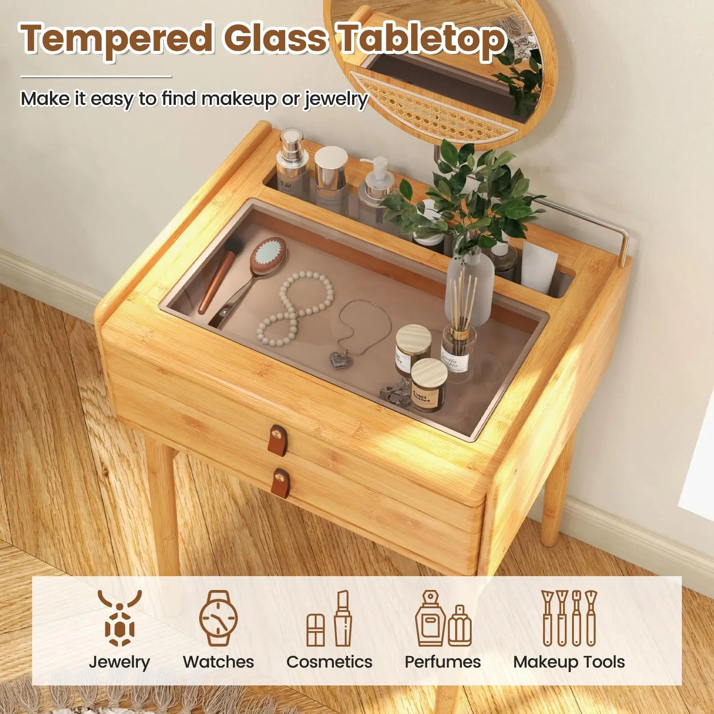 Bamboo Dressing Table With Stool Rotating Mirror