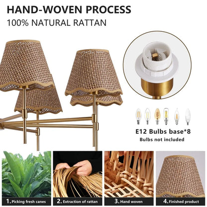 8-Light Boho Rattan Chandelier with Adjustable Height