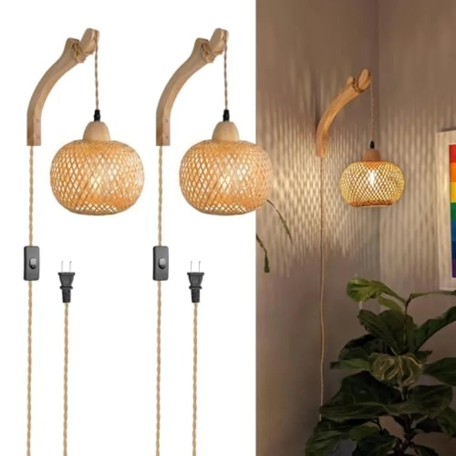 Set of Two Hand-Woven Lamps with Cord Rattan