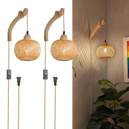 Set of Two Hand-Woven Lamps with Cord Rattan