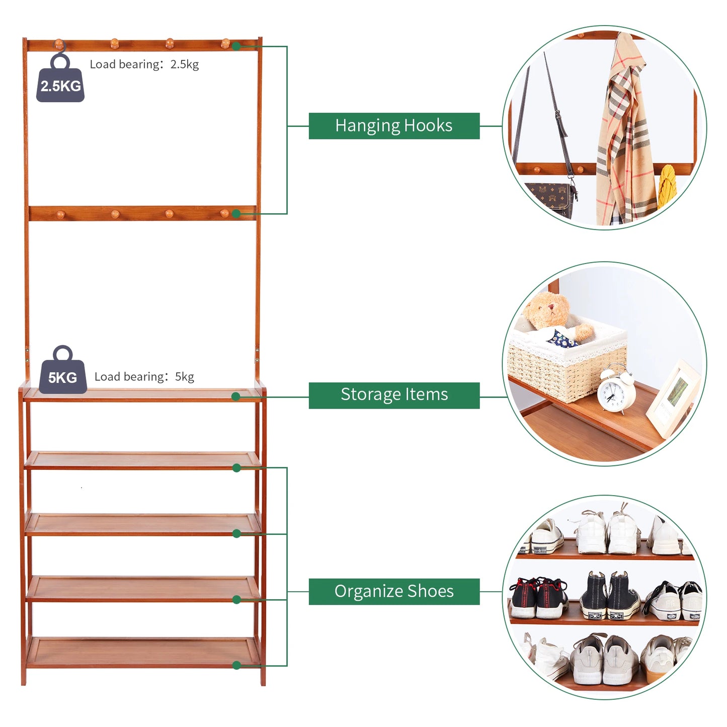 Large Wooden 5 Tiers Coat Stand Shoe Rack Hanger