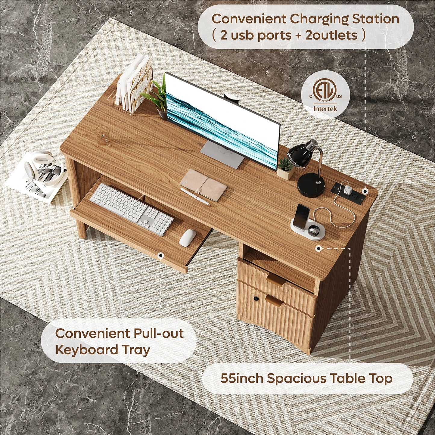 Office Desk with File Drawer & Charging Station