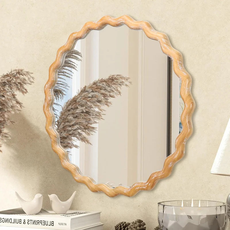 27.5" Round Wavy Mirror with Whitewashed Frame