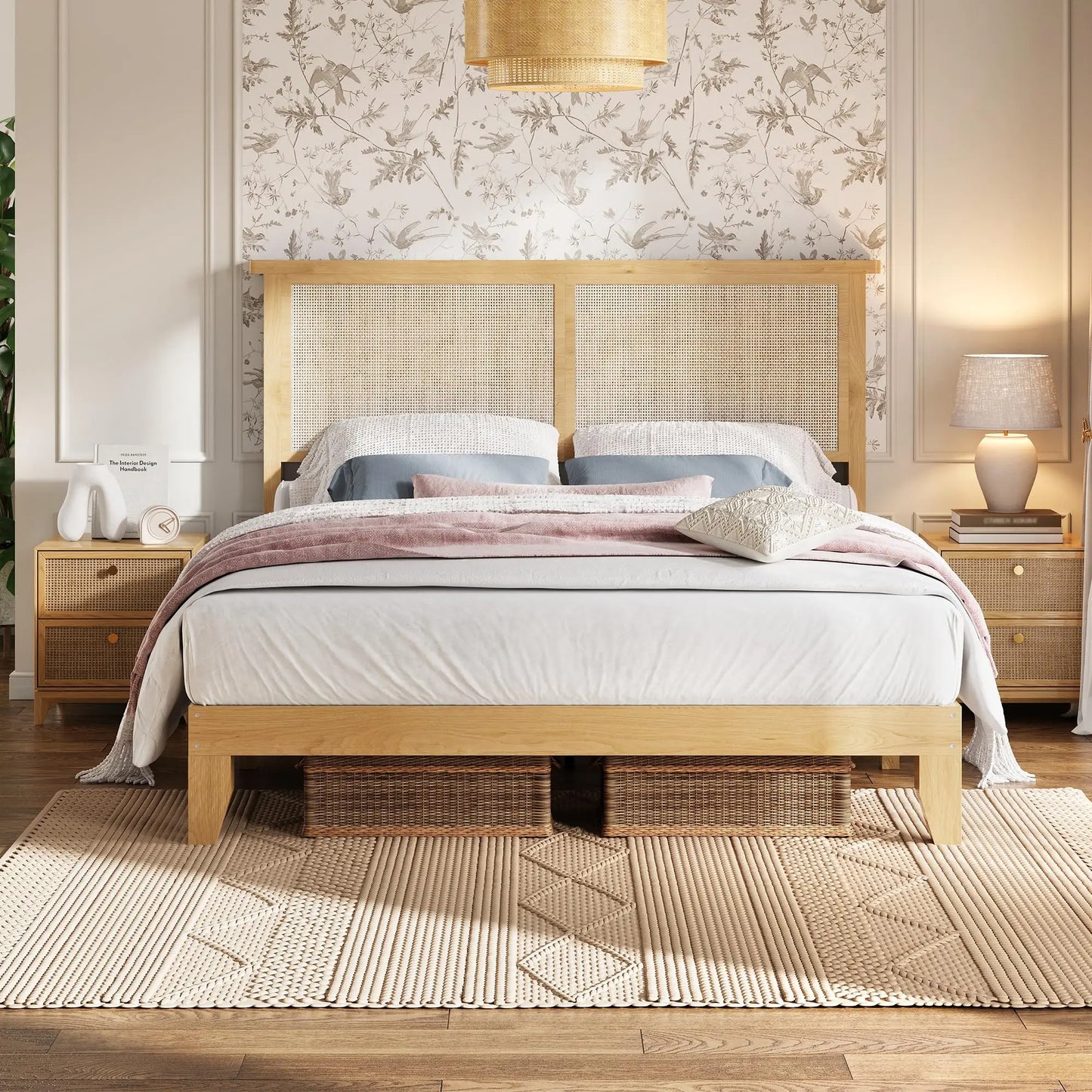 Queen Size Rattan Bed Frame with LED Lights