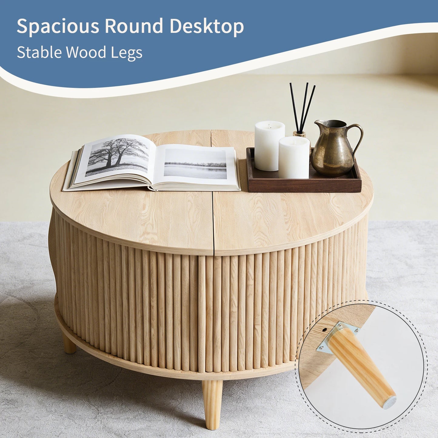 31IN Round Coffee Table with Flip-Top Storage