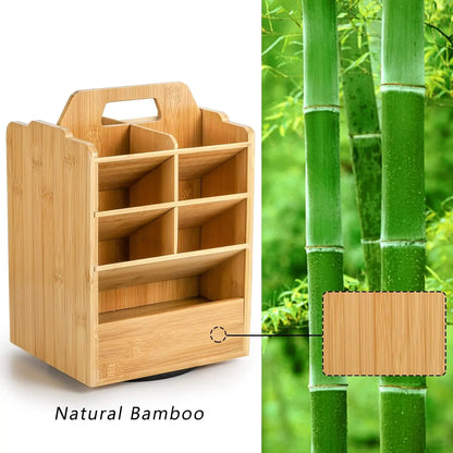 Rotating Bamboo Pen Holder Organizer Desk Stand