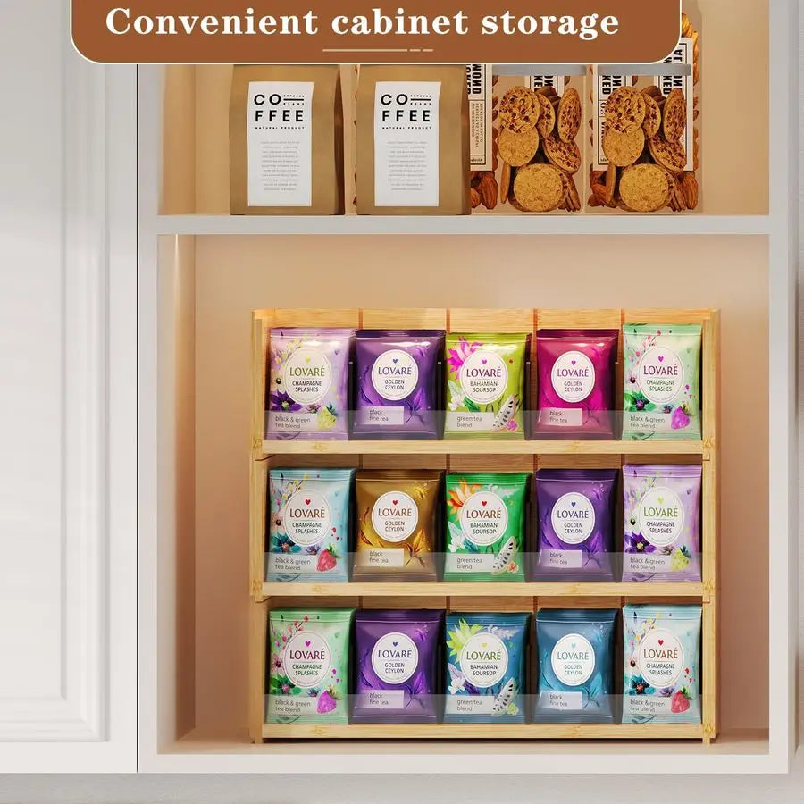 Bamboo Tea Bag Organizer Storage Stackable Box