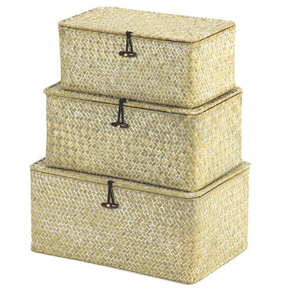 Natural Seagrass Bin with Lid Set of 3