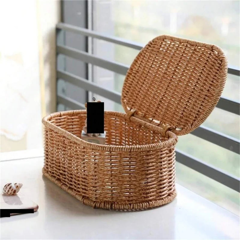 Boho Imitation Rattan Storage Box with Lid