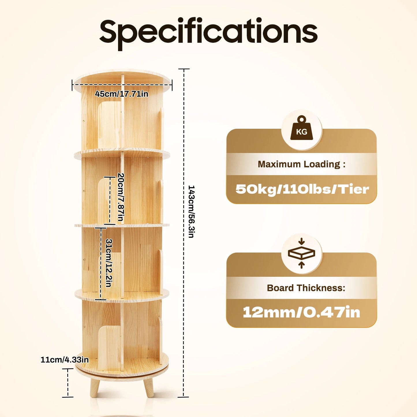 4 Tiers Freestanding Pine Wood Rotating Bookshelf