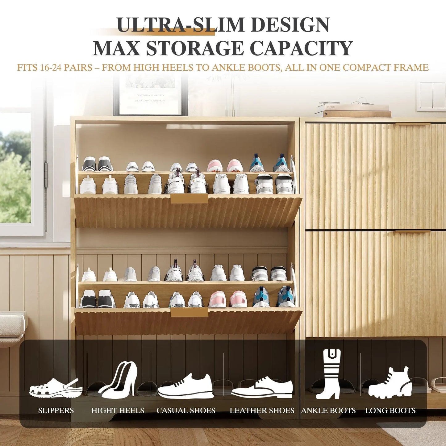 Narrow Shoe Storage Cabinet With 2 Flip Drawers