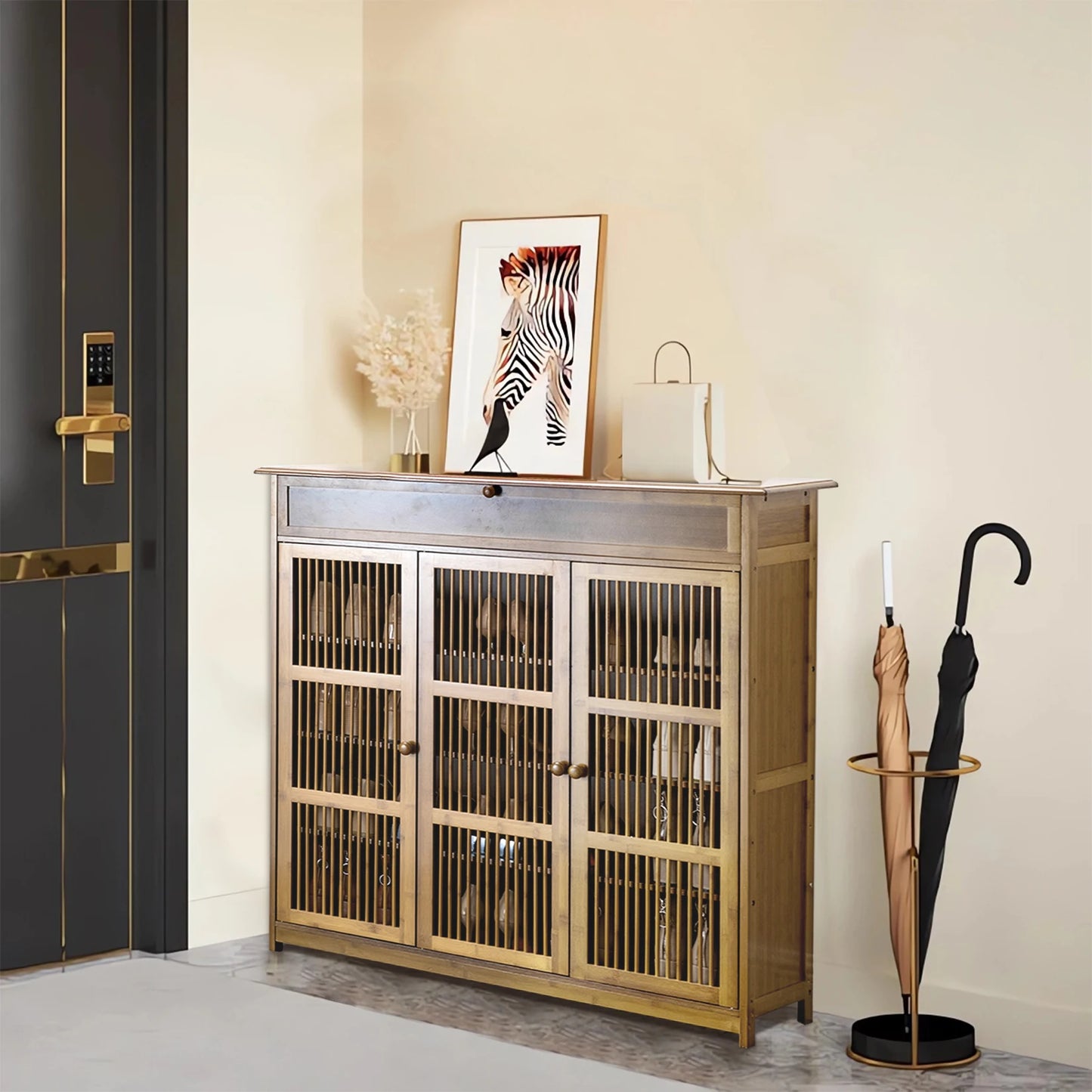 4 Tier Bamboo Shoe Storage Rack with 3 Hollow Doors