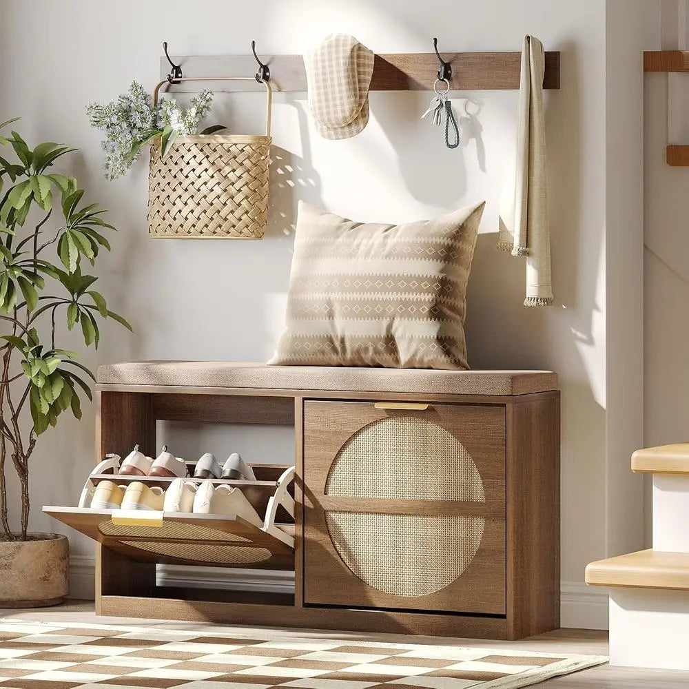 Rattan Entryway Bench with Seat Cushion & Coat Rack