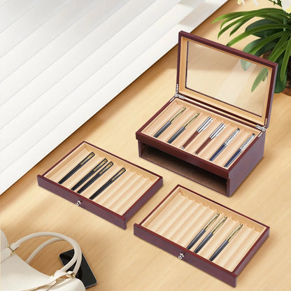 Fountain Pen Wood Leather Storage Case Organizer