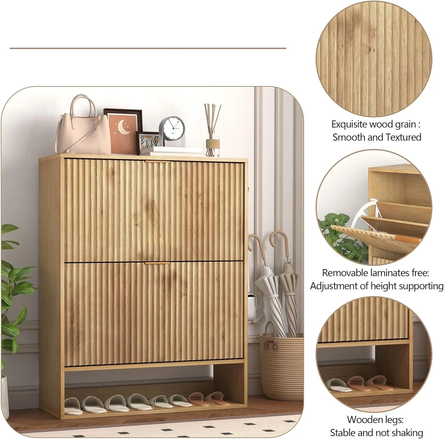 Slim Fluted Shoe Cabinet with 2 Flip Drawers
