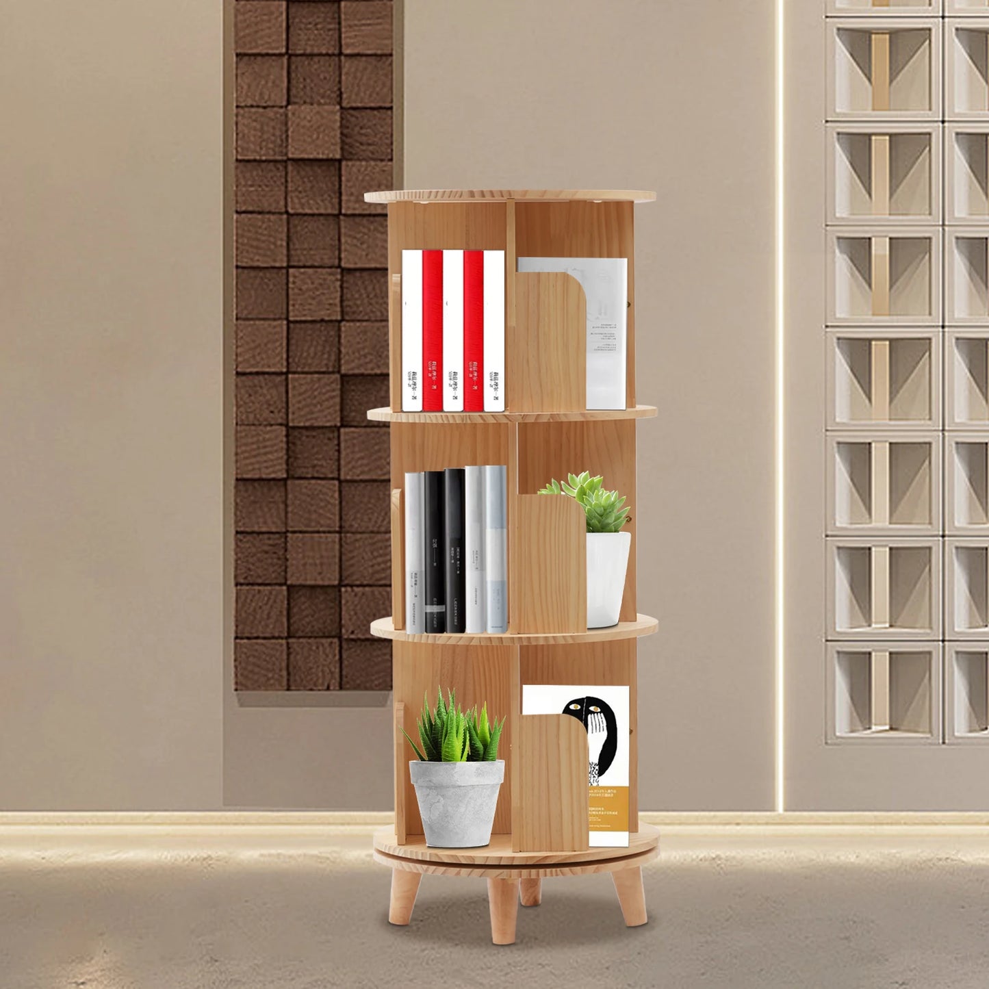 Wooden Bookcase Rotatable Stand Multifunctional Showcase Organizer