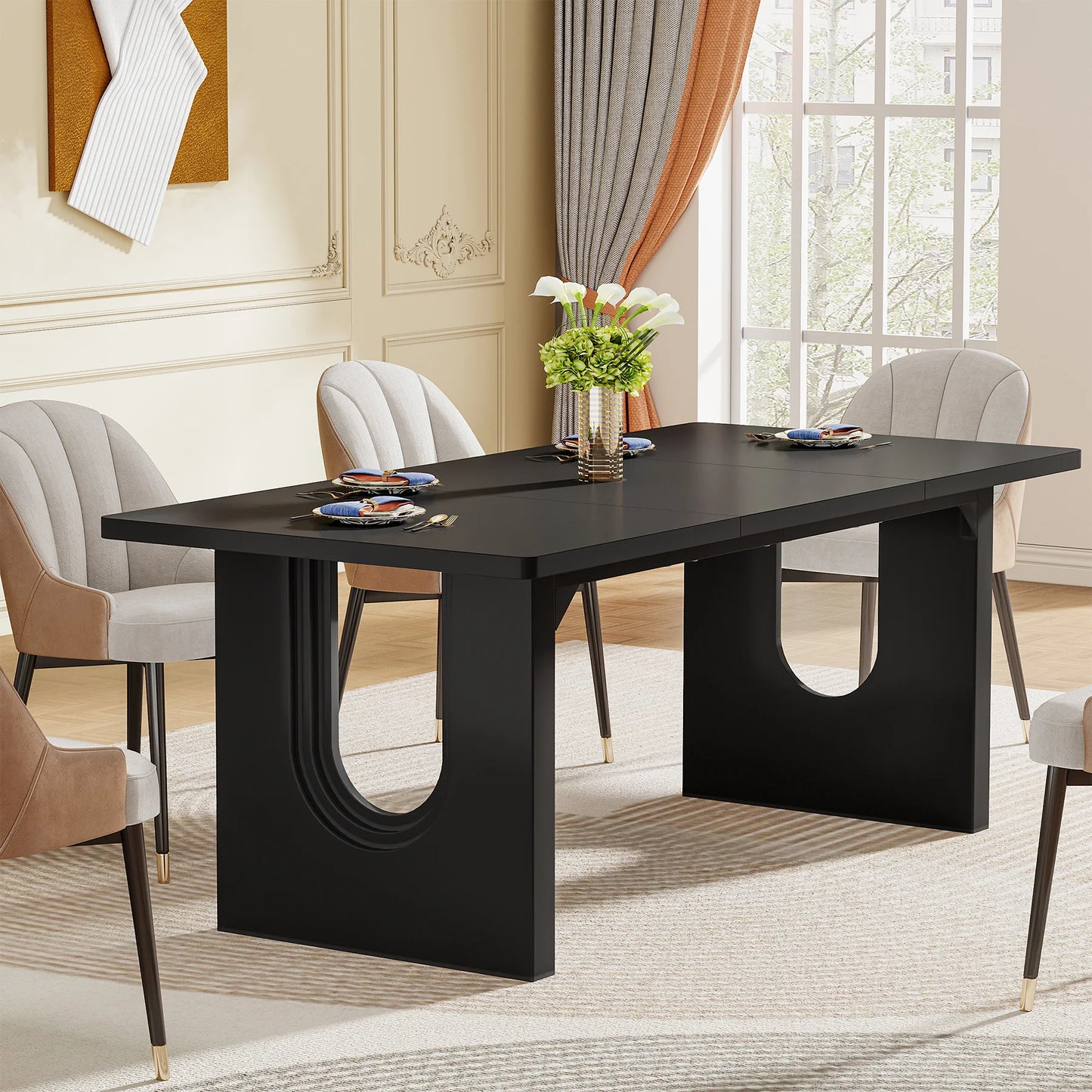 Modern Dining Table with Wood Pedestal Base,