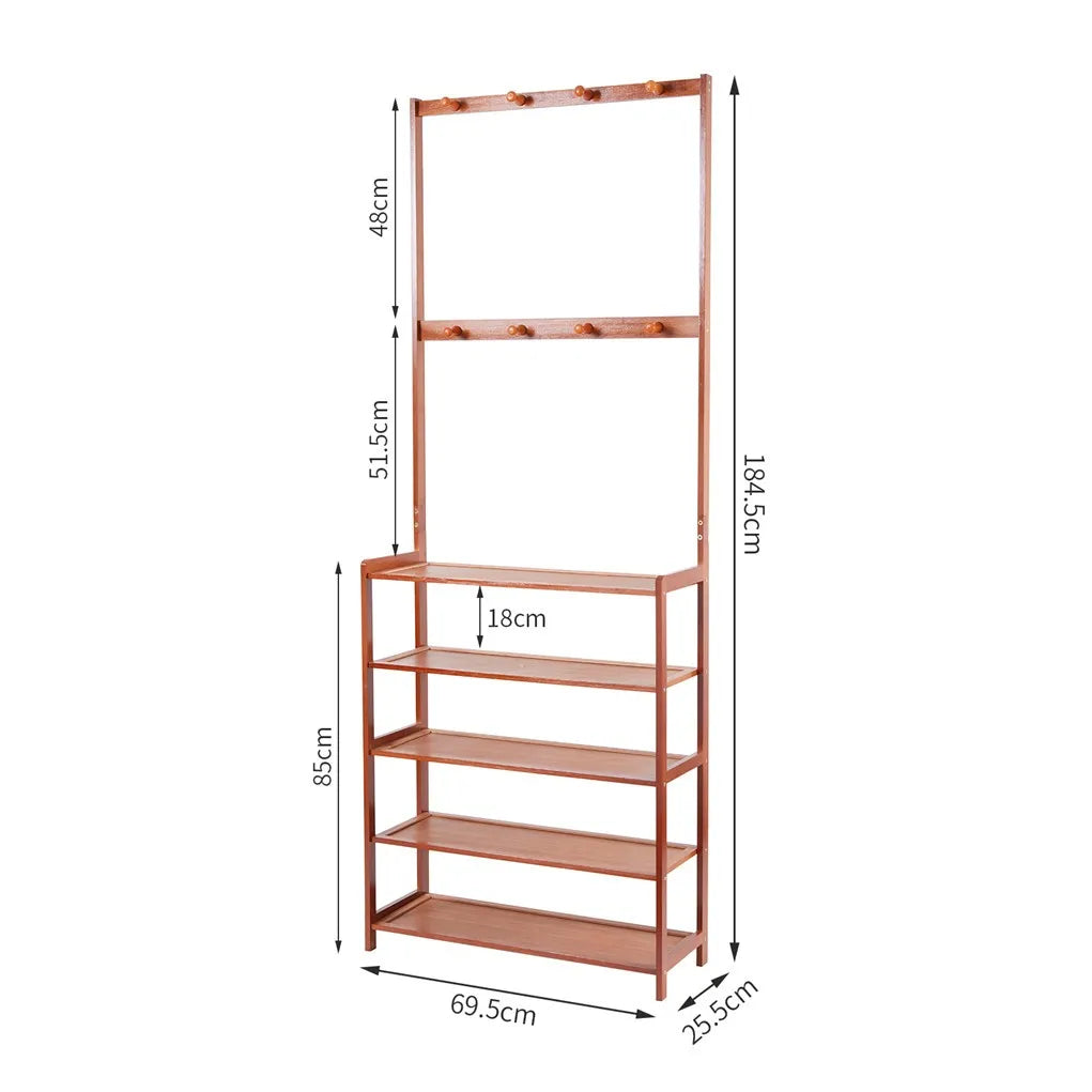 Large Wooden 5 Tiers Coat Stand Shoe Rack Hanger