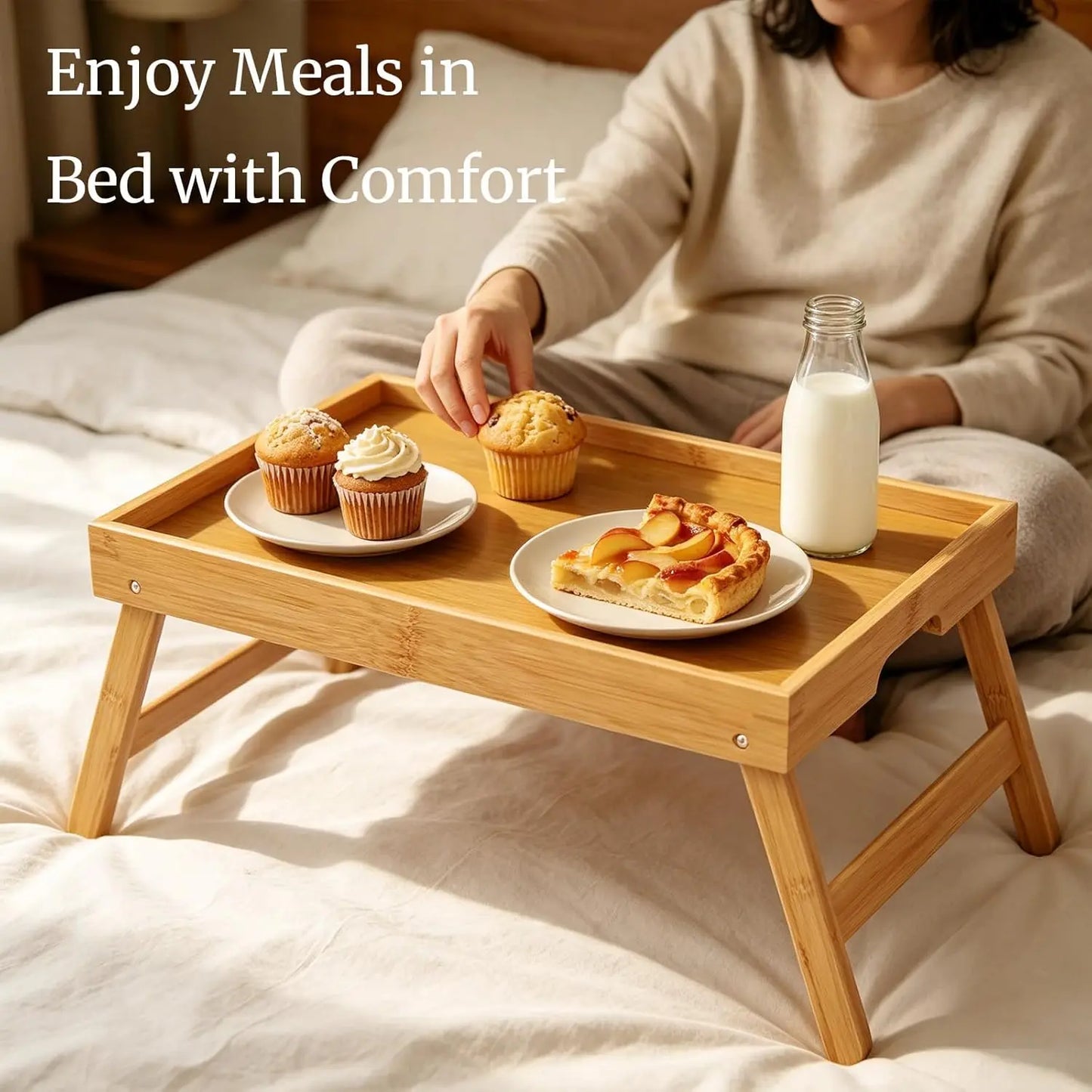 2 Pack Bamboo Bed Tray Table with Folding Legs