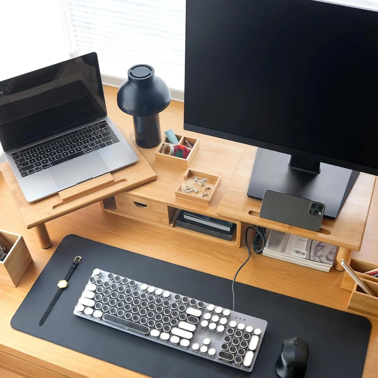 Adjustable Bamboo Monitor Stand with Drawer