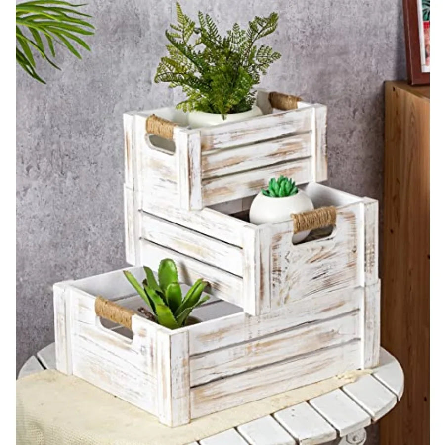 Set of 3 Rustic Distressed Wood Nesting Crates