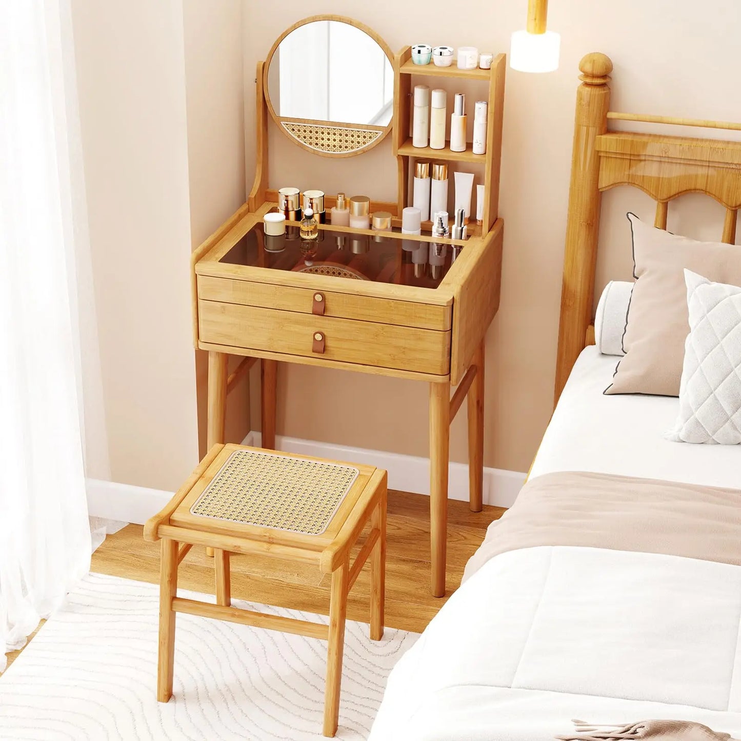 Bamboo Dressing Table With Stool Rotating Mirror