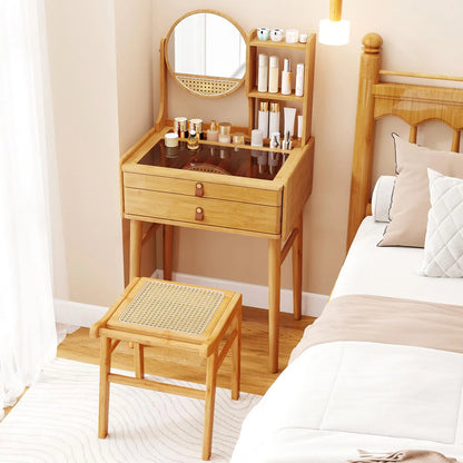 Bamboo Dressing Table With Stool Rotating Mirror