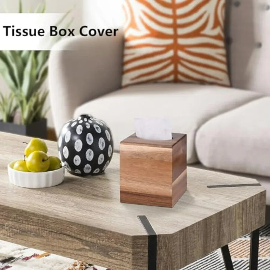 Acacia Wood Tissue Box Holder with Slide-Out Bottom