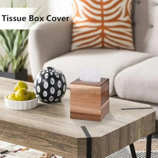 Acacia Wood Tissue Box Holder with Slide-Out Bottom