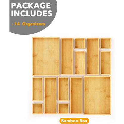 14-Piece Bamboo Drawer Organizer Storage Boxes Set