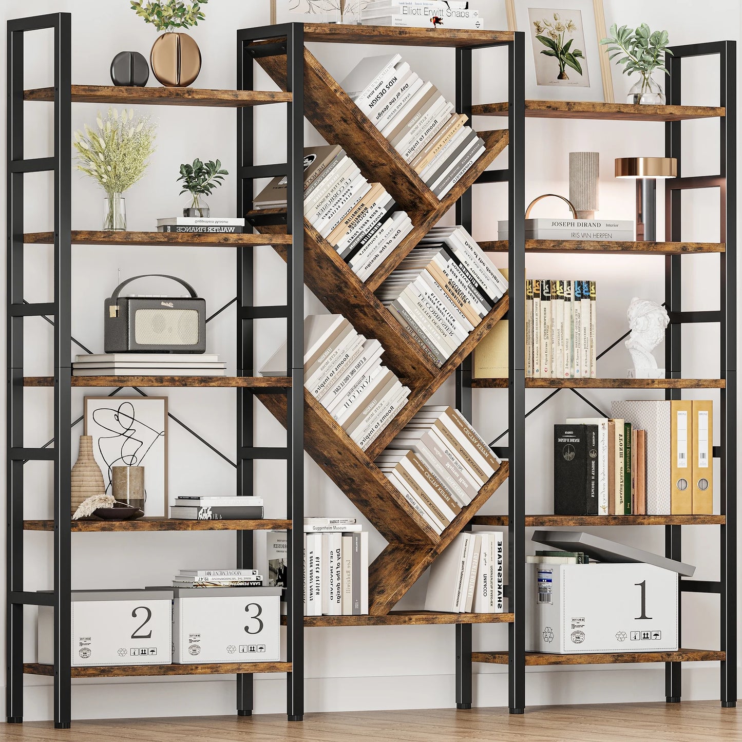 Triple 5 Tier Bookshelf Large Wooden Bookcase