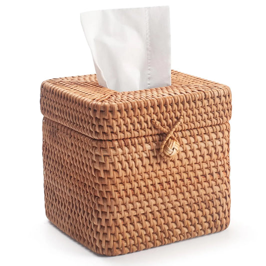 Handwoven Natural Rattan Square Tissue Box With Lid