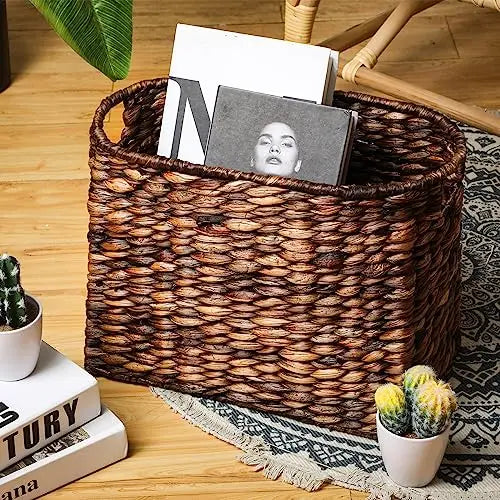 Tall Narrow Handwoven Seagrass Basket For Magazines