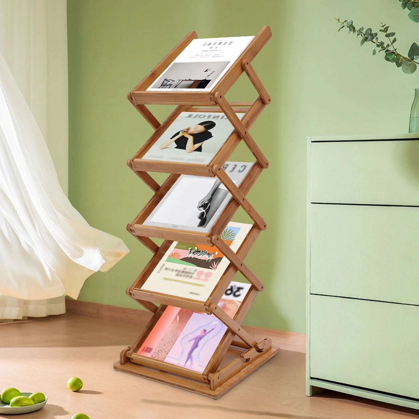 5-Tier Bamboo Floor Stand Folding Magazine Rack