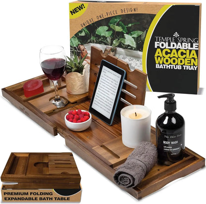Adjustable Wooden Bathtub Caddy with Soap Dish