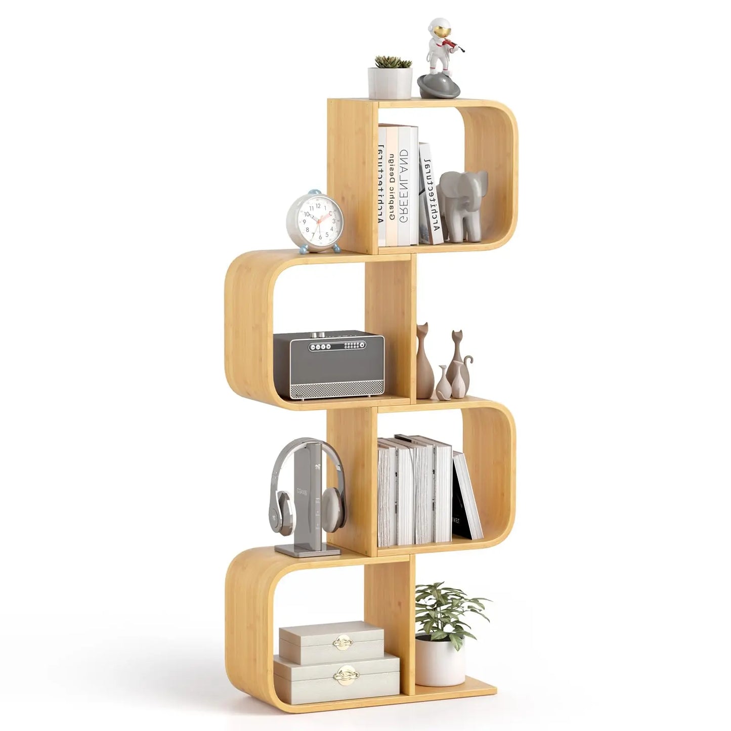 S-Shaped Bamboo Bookshelf 4-Tier Open Cube