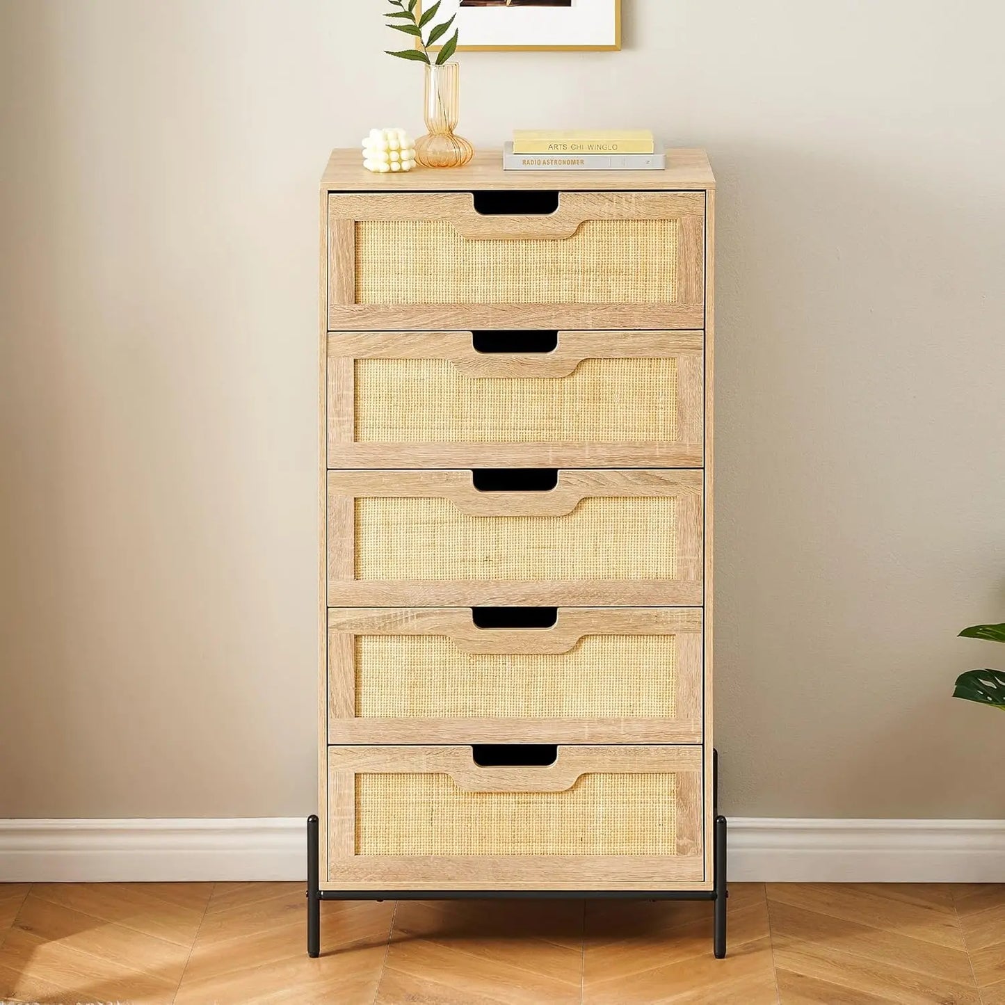 47 Inch Tall Rattan 5-Drawer Dresser