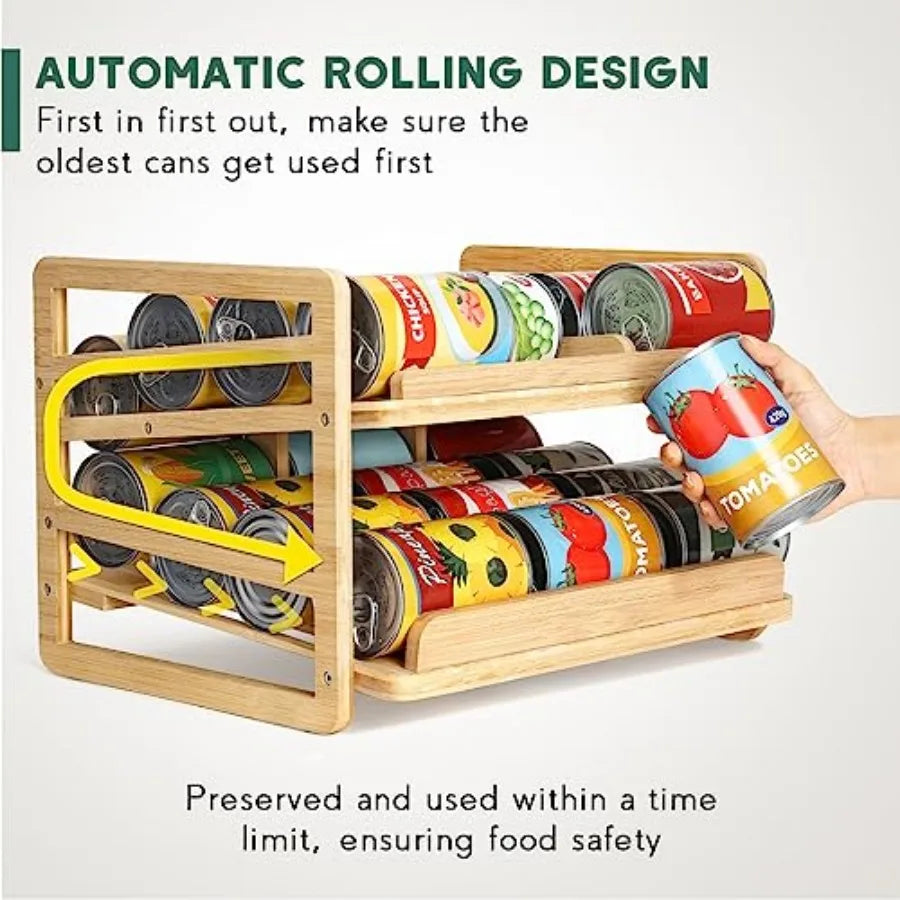 Double-Layer Rolling Bamboo Can Organizer Rack