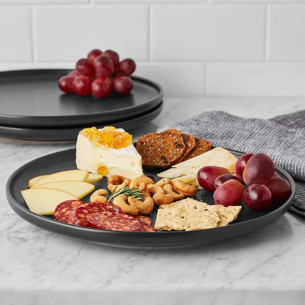 Matte Black Stoneware 4-Piece Dinner Plate Set