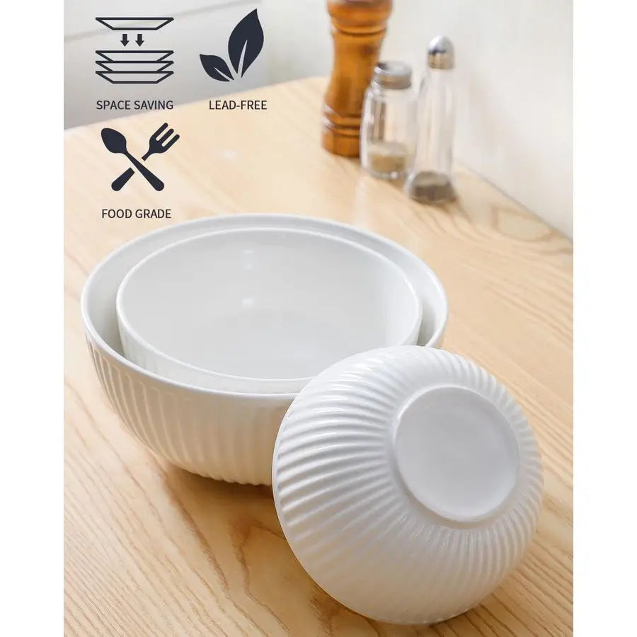 Ceramic Ribbed Nesting White Bowls