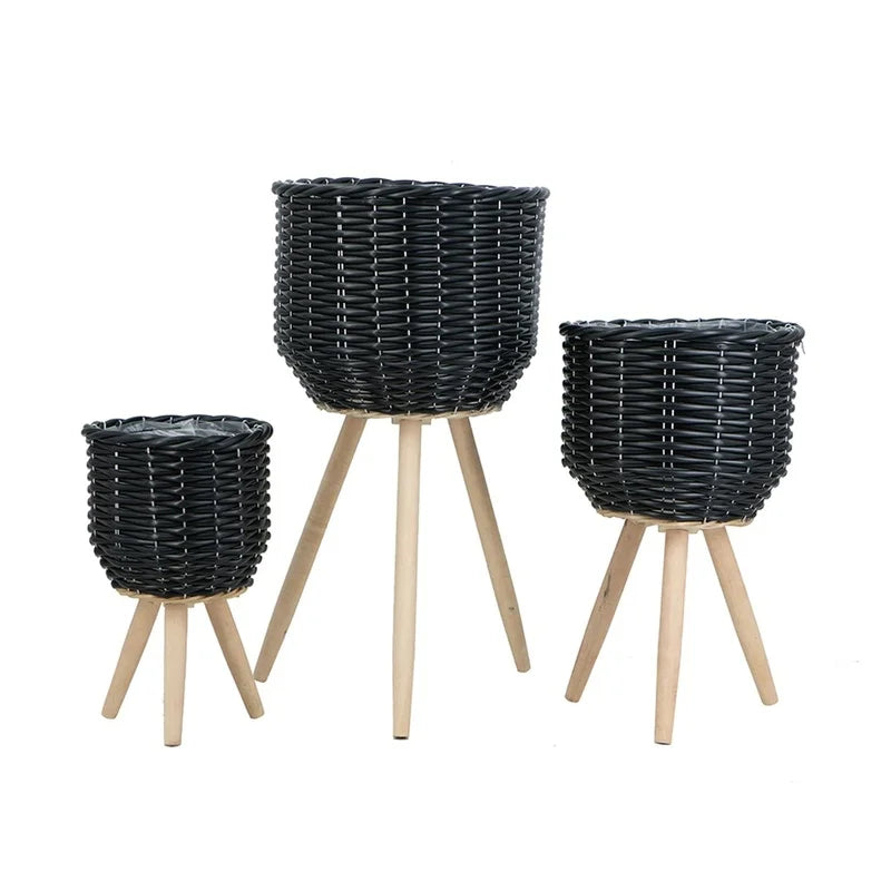 3 Black Poly Rattan Baskets with Rope Texture