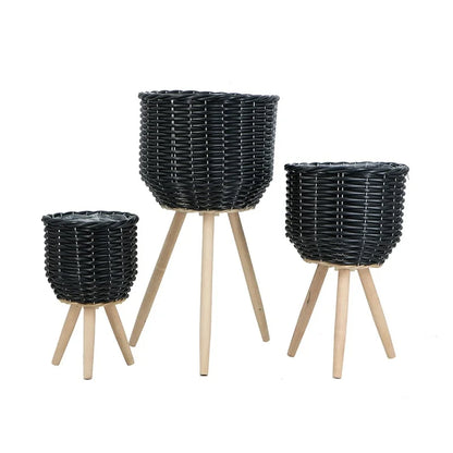 3 Black Poly Rattan Baskets with Rope Texture