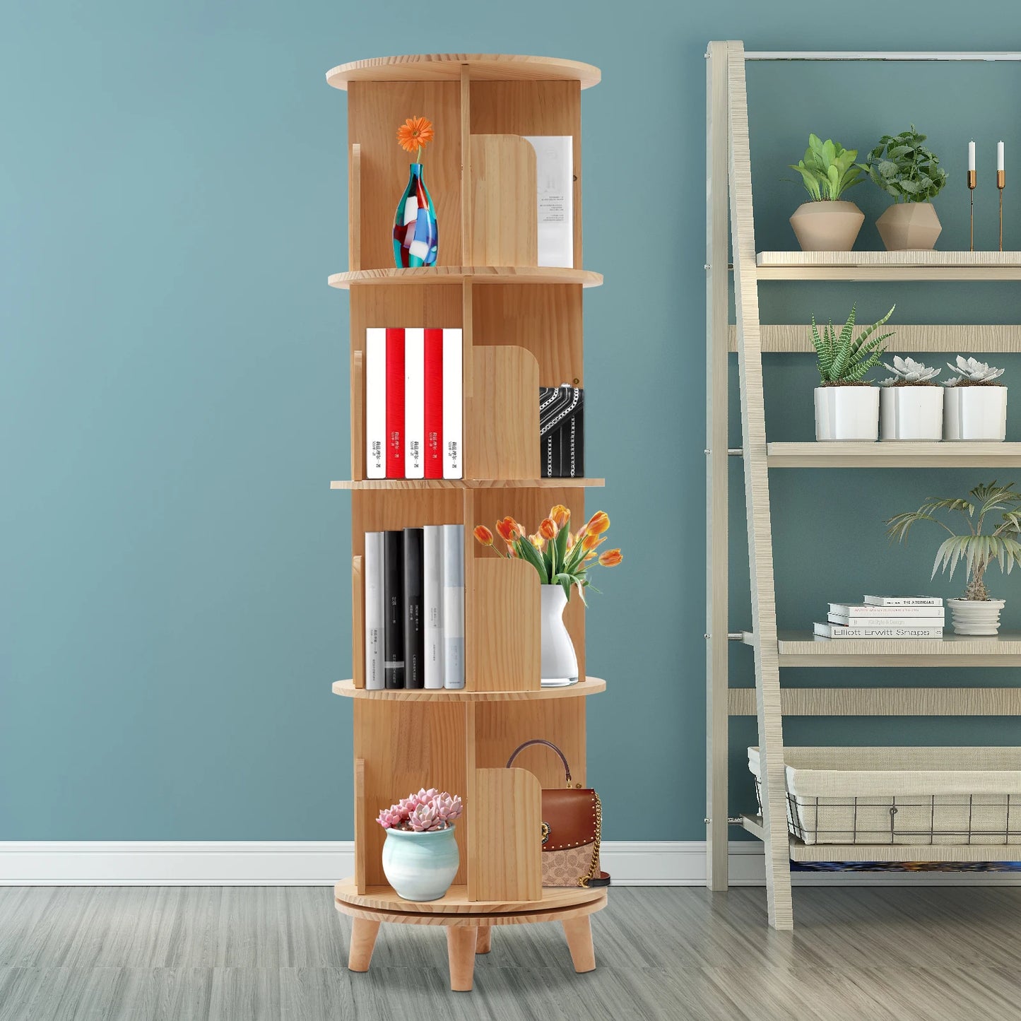 Wooden Bookcase Rotatable Stand Multifunctional Showcase Organizer
