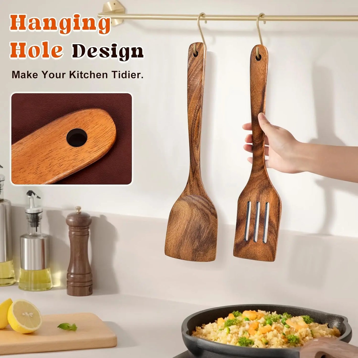 2Pcs Wooden Long Handle Flat Frying Spatulas