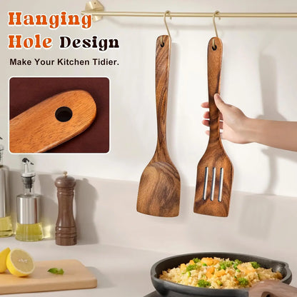 2Pcs Wooden Long Handle Flat Frying Spatulas