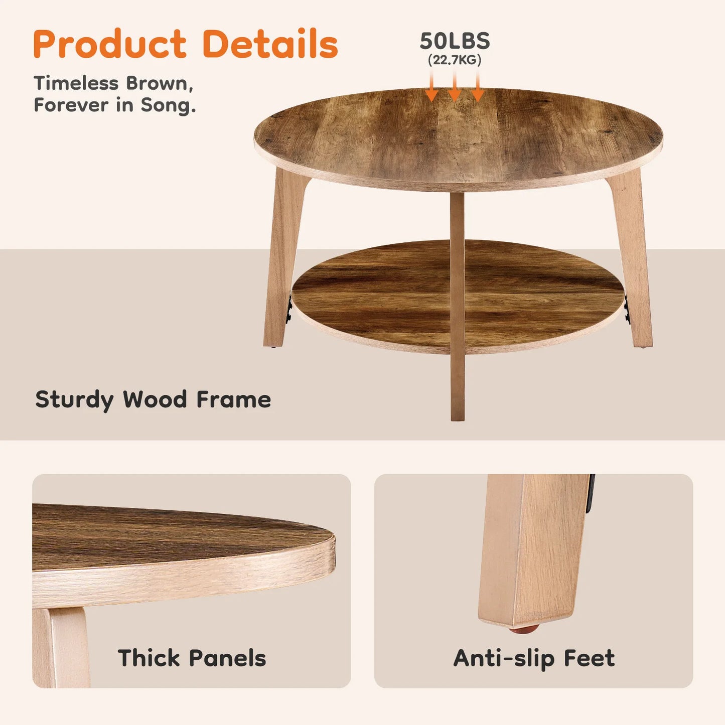 Wood Round Coffee Table for Living Room with Storage