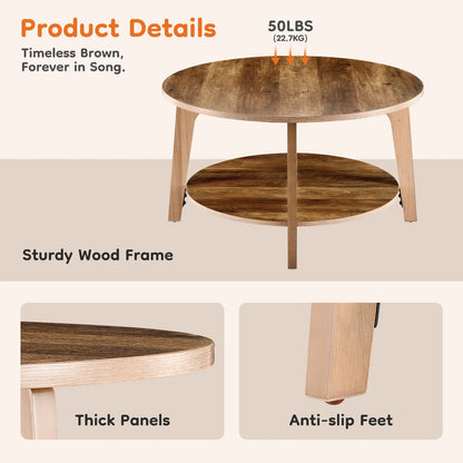 Wood Round Coffee Table for Living Room with Storage