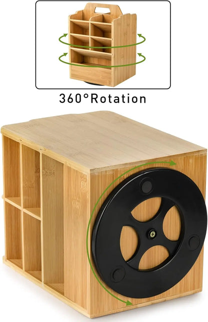 Rotating Bamboo Pen Holder Organizer Desk Stand